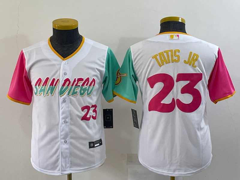 Youth San Diego Padres #23 Fernando Tatis Jr White Number 2022 City Connect Cool Base Stitched Jersey->mlb youth jerseys->MLB Jersey